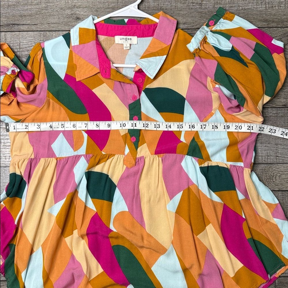 Umgee Multicolor Abstract Button Down Blouse Top Tunic Orange Pink Green Large - Picture 8 of 9